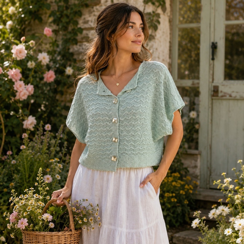Crochet Knit Cardigan Sz XS Mint Green Button Front Dolman Sleeve Cottage Boho